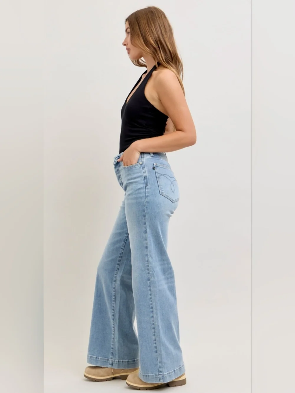 Judy Blue MR Light Wash Retro Wide Leg Jeans Button Fold Over Waist Various NEW - Picture 9 of 16